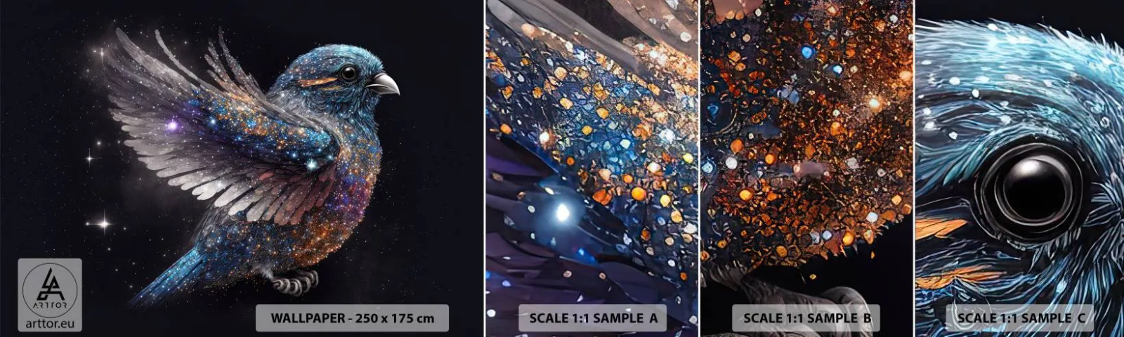 Échantillon de Papier Peint Autocollant Deluxe Sticker - Moineau de diamant - Oiseau, la magie, Cosmos - 100x30 cm