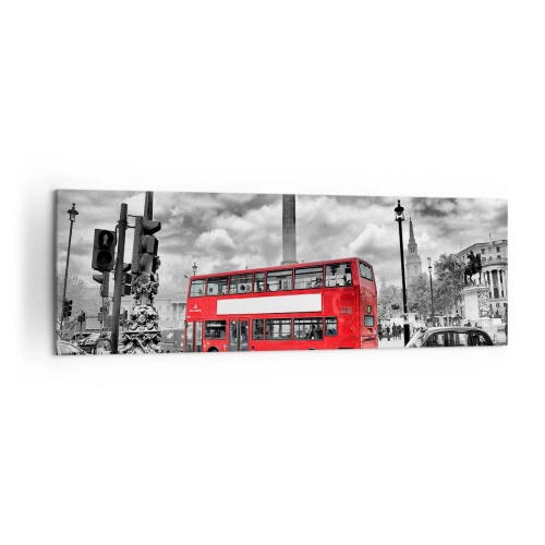Impression sur toile - Image sur toile - Un bus rouge à impériale sur fond de ville en noir et blanc - 160x50cm - La vraie circulation sanguine de la ville - Décoration murale moderne pour le salon et la chambre ARTTOR