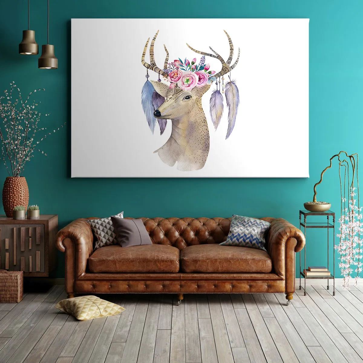 Impression sur toile - Image sur toile - Cerf romantique avec fleurs et plumes - 70x50cm - Guide de l'âme - doux, innocent - Décoration murale moderne pour le salon et la chambre ARTTOR