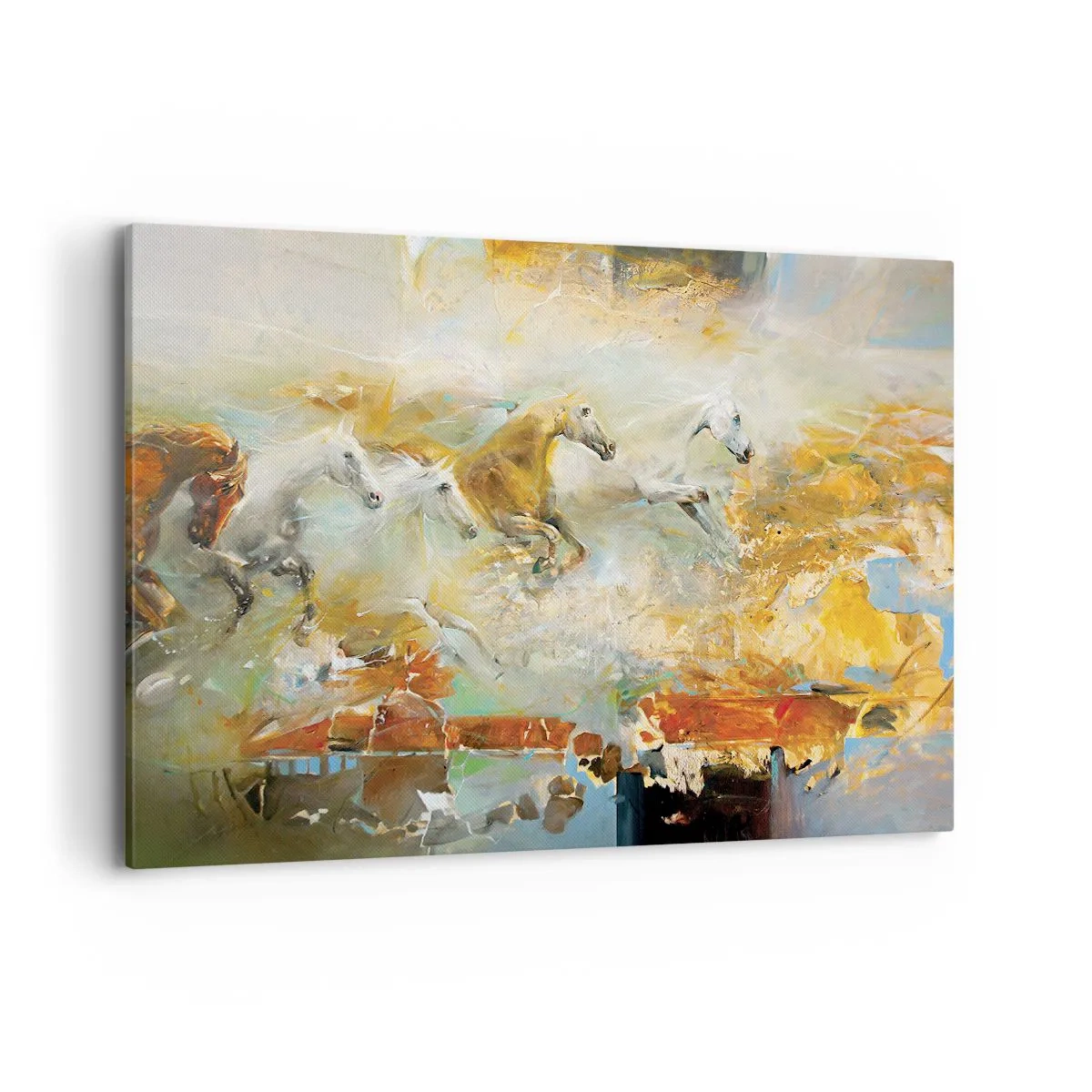 Impression sur toile - Image sur toile - Des chevaux artistiques dans un cadre dynamique et coloré - 100x70cm - Au galop vers la lumière - Décoration murale moderne pour le salon et la chambre ARTTOR