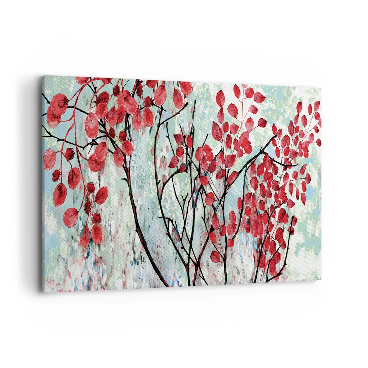 Impression sur toile - Image sur toile - Feuilles rouges sur un ciel lumineux avec des motifs abstraits - 120x80cm - Arbre en écarlate - Décoration murale moderne pour le salon et la chambre ARTTOR
