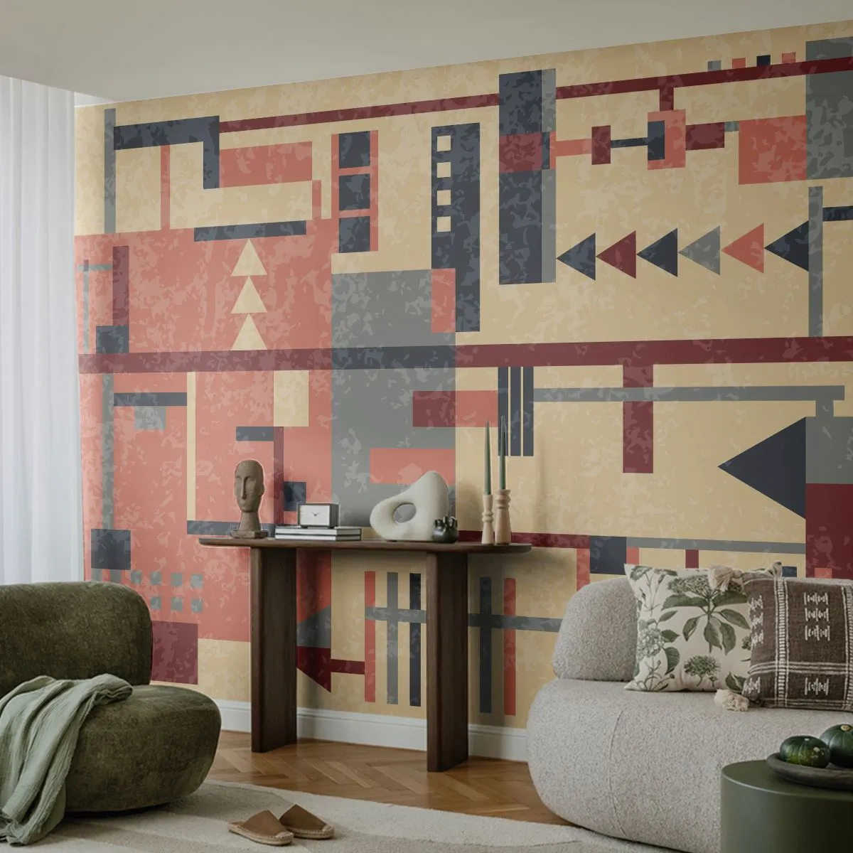 Papier Peint Photo Premium Sand - Abstraction géométrique dans un style rétro - 100x70cm - Une combinaison de verticaux et d'horizontaux - Décoration murale moderne pour le salon et la chambre ARTTOR