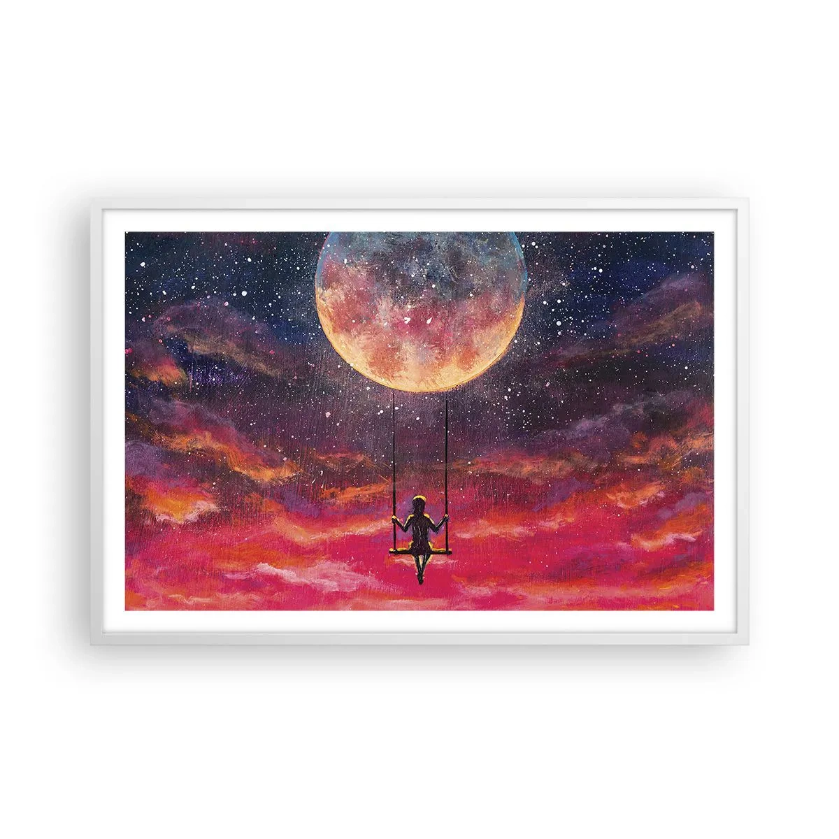Affiche dans un cadre blanc - Poster - Se balancer dans les nuages - 91x61 cm