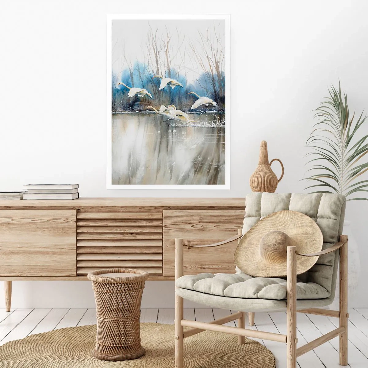 Affiche - Poster - Un troupeau de cygnes flottant sur l'eau dans un style pictural - 50x70cm - Comme dans un conte de fées sur les cygnes sauvages - Décoration murale moderne pour le salon et la chambre ARTTOR