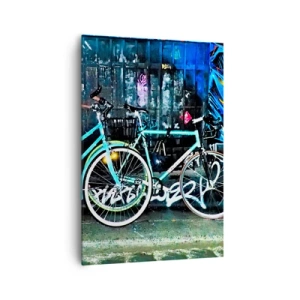 Impression sur toile - Image sur toile - Deux vélos turquoise sur fond de graffitis urbains. - 70x100cm - L'appel de la ville  - Décoration murale moderne pour le salon et la chambre ARTTOR