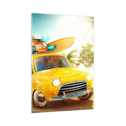 Impression sur verre - Image sur verre - Une voiture jaune avec des bagages sur le toit sur une plage tropicale. - 50x70cm - Un voyage pour plus d'un sourire - Décoration murale moderne pour le salon et la chambre ARTTOR