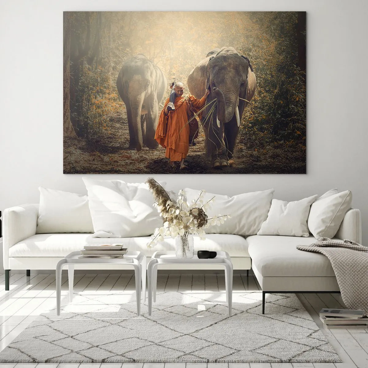 Impression sur verre - Image sur verre - Un moine avec deux éléphants dans un décor forestier - 120x80cm - Compréhension totale - Décoration murale moderne pour le salon et la chambre ARTTOR