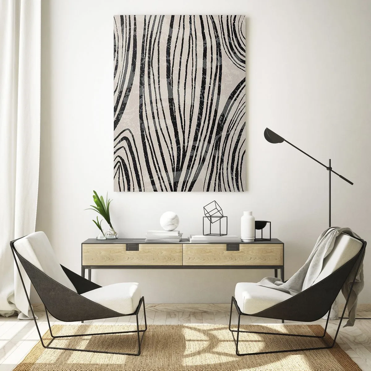 Impression sur verre - Image sur verre - Vagues abstraites dans des tons noirs et blancs - 70x100cm - Ligne de marécage - Décoration murale moderne pour le salon et la chambre ARTTOR