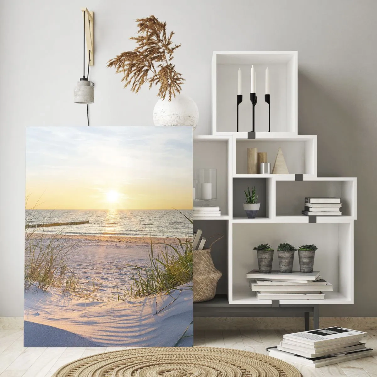 Impression sur verre - Image sur verre - Plage au coucher du soleil avec vue sur la mer et les herbes des dunes - 50x70cm - Le bruit de la mer, le chant des oiseaux, une plage sauvage parmi les herbes… - Décoration murale moderne pour le salon et la chamb