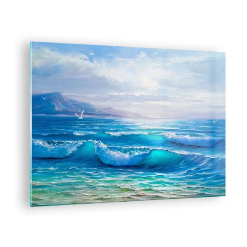 Impression sur verre - Image sur verre - Les vagues bleues de la mer lèchent le rivage par une journée ensoleillée - 70x50cm - Il apporte un soulagement - Décoration murale moderne pour le salon et la chambre ARTTOR