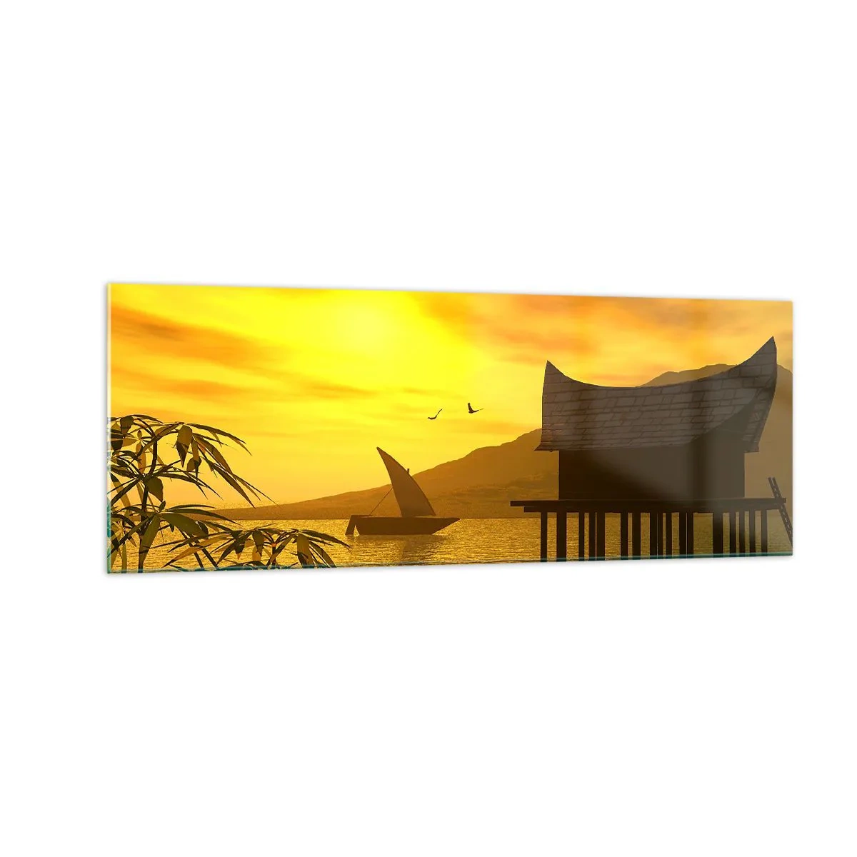 Impression sur verre - Image sur verre - Coucher de soleil tropical sur l'eau avec une maison en bois sur pilotis. - 140x50cm - La paix tant désirée - Décoration murale moderne pour le salon et la chambre ARTTOR