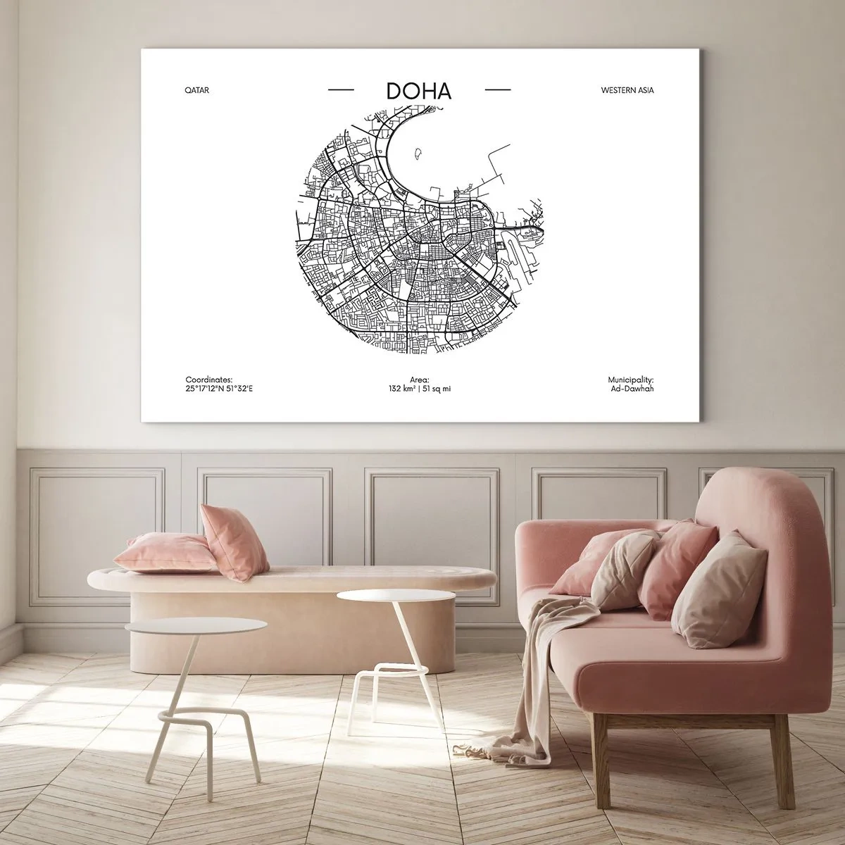 Impression sur verre - Image sur verre - Une carte graphique de Doha dans un style minimaliste en noir et blanc. - 70x50cm - Anatomie de Doha - Décoration murale moderne pour le salon et la chambre ARTTOR