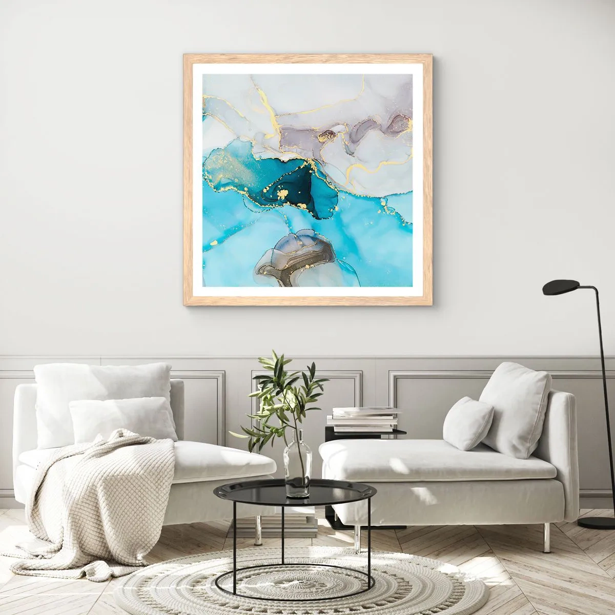 Affiche dans un chêne clair - Poster - Etude de la rencontre gris et turquoise - 40x40 cm