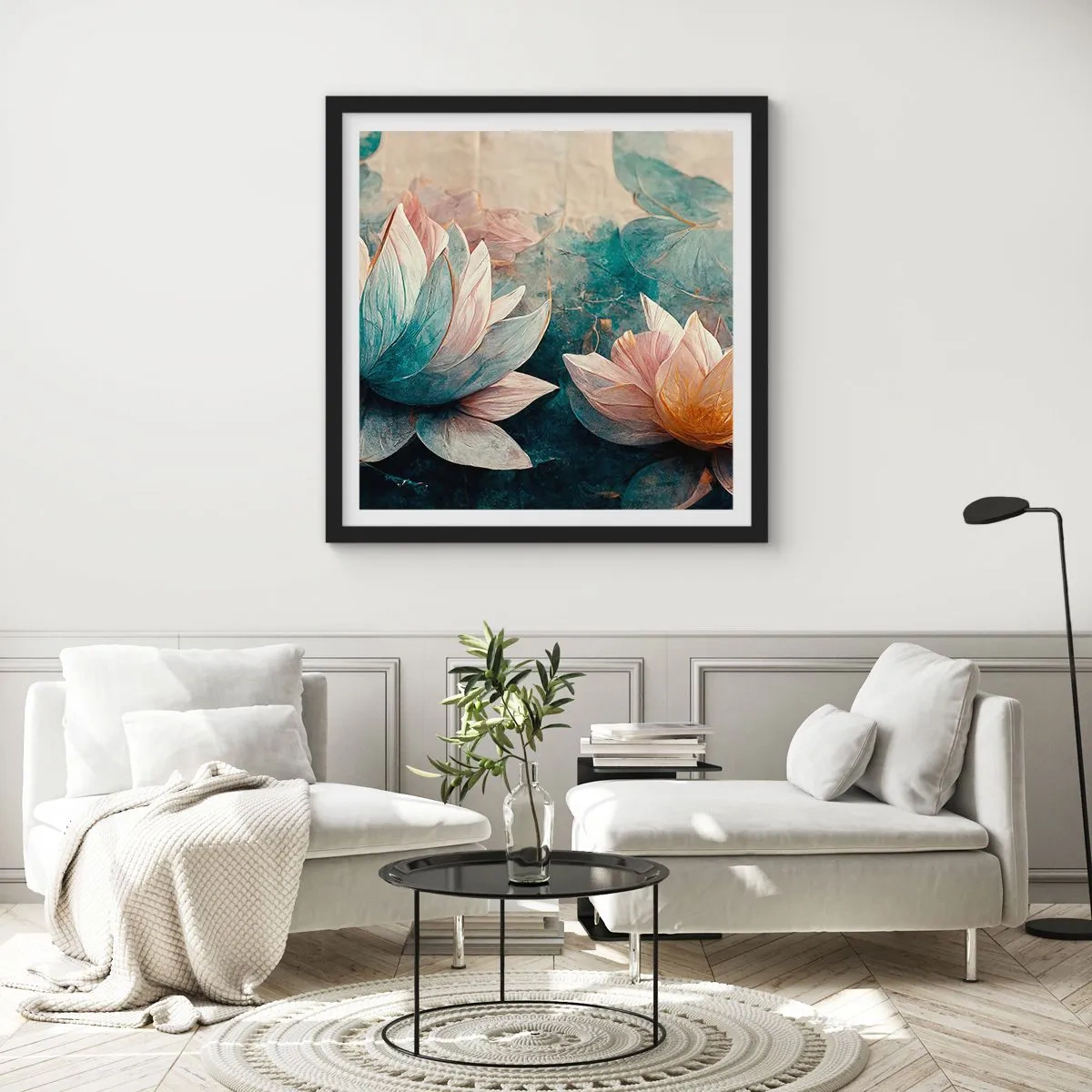 Affiche dans un cadre noir - Poster - Les étoiles du lac - 40x40 cm