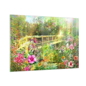 Impression sur verre - Image sur verre - Un pont entouré d'une végétation luxuriante et de fleurs colorées - 100x70cm - Le soupire d'un pont de printemps - Décoration murale moderne pour le salon et la chambre ARTTOR