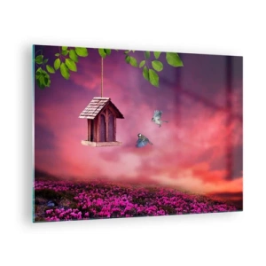 Impression sur verre - Image sur verre - Une mangeoire à oiseaux contre un ciel rose - 70x50cm - Invitation à dîner - Décoration murale moderne pour le salon et la chambre ARTTOR