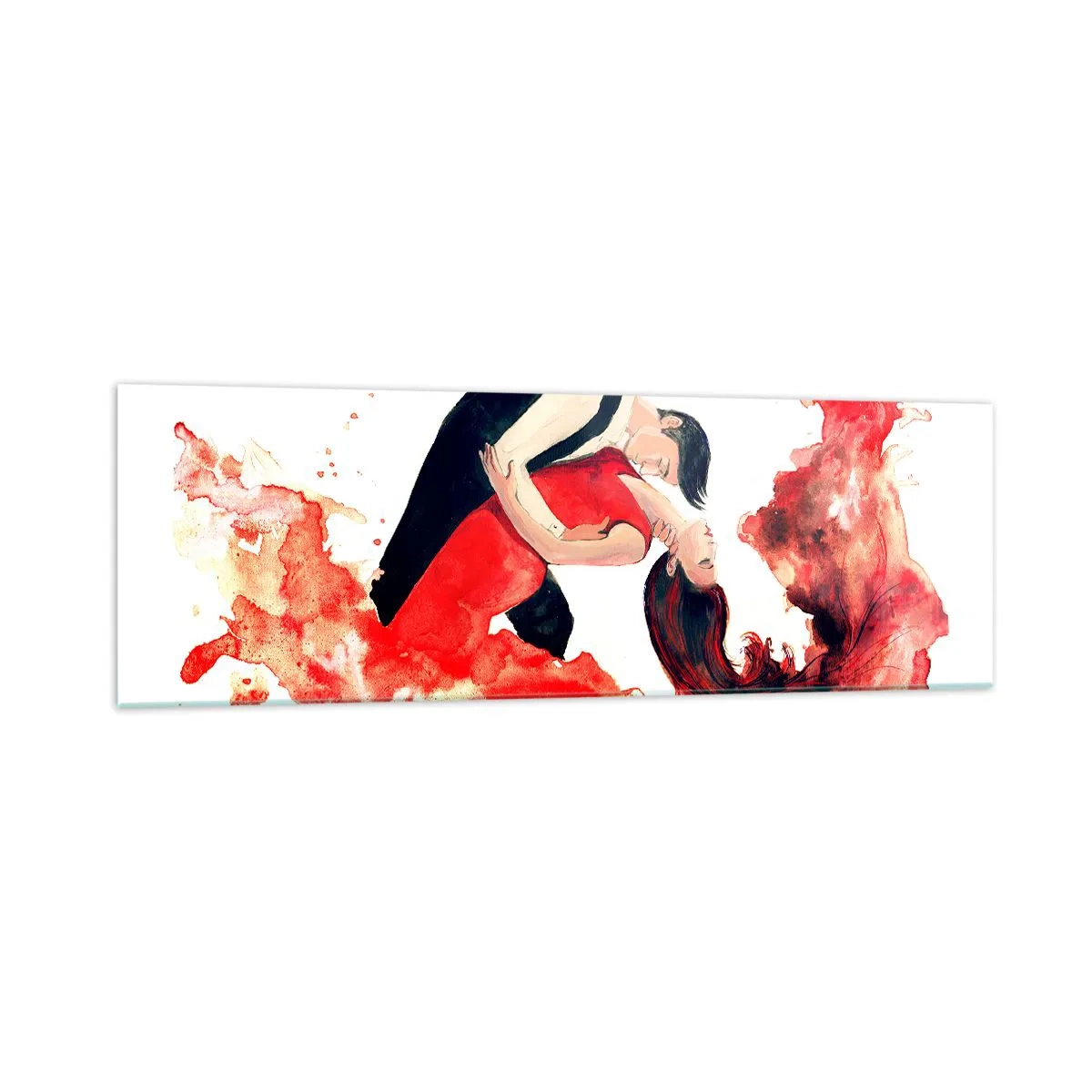 Impression sur verre - Image sur verre - Une aquarelle dynamique d'un couple dansant aux couleurs rouges. - 160x50cm - Tango - une vague sensuelle - Décoration murale moderne pour le salon et la chambre ARTTOR