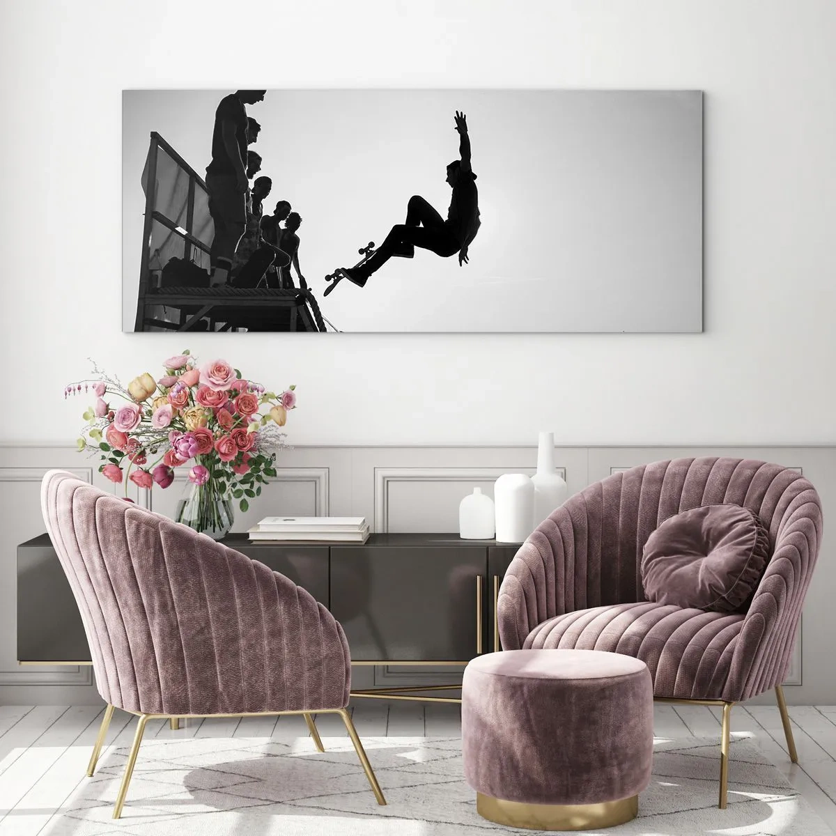 Impression sur verre - Image sur verre - Scène de skateboard en noir et blanc sur une rampe - 140x50cm - Héros et spectateurs - Décoration murale moderne pour le salon et la chambre ARTTOR