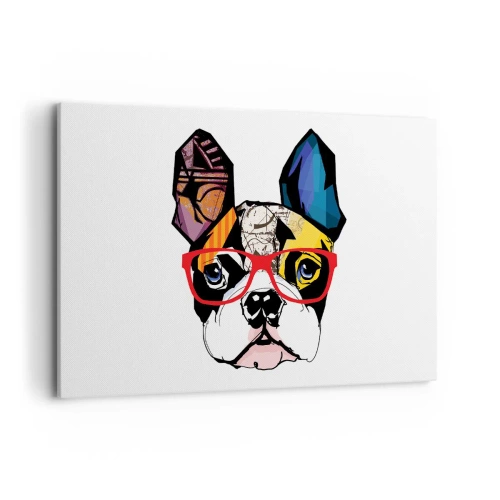 Impression sur toile - Image sur toile - Bouledogue dans une illustration colorée avec des lunettes rouges - 100x70cm - Intellectuel - Décoration murale moderne pour le salon et la chambre ARTTOR