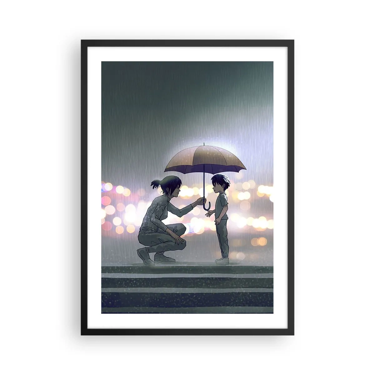 Affiche dans un cadre noir - Poster - Un adulte tendant un parapluie à un enfant sur fond pluvieux - 50x70cm - Et maintenant, tout va bien - Décoration murale moderne pour le salon et la chambre ARTTOR