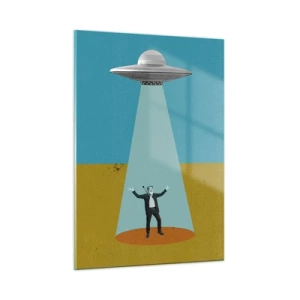 Impression sur verre - Image sur verre - Un homme à la lumière d'une soucoupe spatiale sur un fond coloré - 50x70cm - Rencontre proche - Décoration murale moderne pour le salon et la chambre ARTTOR