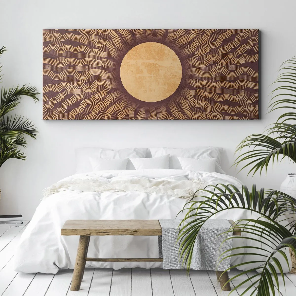 Impression sur toile - Image sur toile - Motif ensoleillé avec des rayons sur un fond dans les tons marron - 140x50cm - Icône du soleil - Décoration murale moderne pour le salon et la chambre ARTTOR