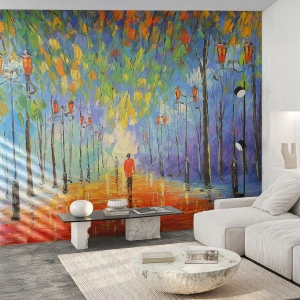Papier Peint Photo Premium Canvas - Chant nocturne de la pluie - l'avenue du Parc, Paysage, Des arbres - 250x175 cm