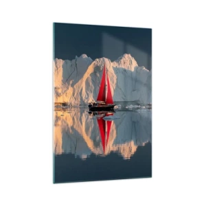 Impression sur verre - Image sur verre - Un voilier avec une voile rouge sur fond de glacier - 70x100cm - Aux limites du monde - Décoration murale moderne pour le salon et la chambre ARTTOR