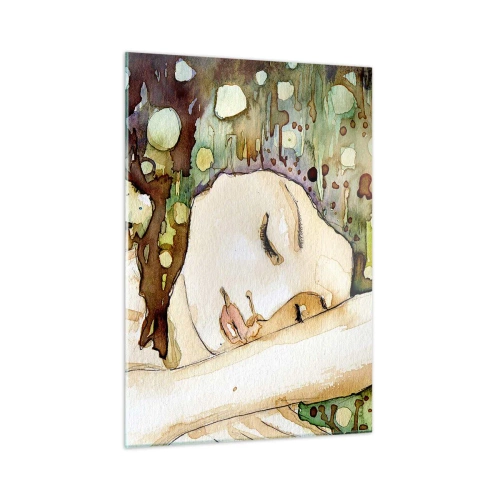 Impression sur verre - Image sur verre - Une femme endormie dans une aquarelle artistique aux couleurs chaudes. - 50x70cm - Un rêve violet émeraude - Décoration murale moderne pour le salon et la chambre ARTTOR