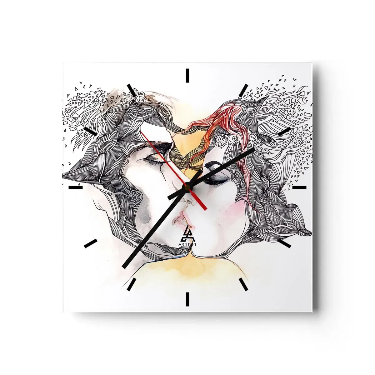 Horloge murale - Pendule murale - Portrait artistique d'un couple avec des motifs de cheveux abstraits - 30x30cm - Le monde n'existe pas - Décoration murale moderne pour le salon et la chambre ARTTOR