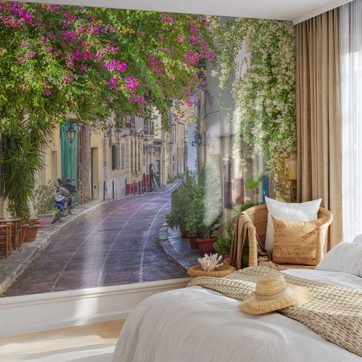 Papier Peint Photo Premium Canvas - Allée fleurie - Architecture, Grèce, Ville - 150x105 cm