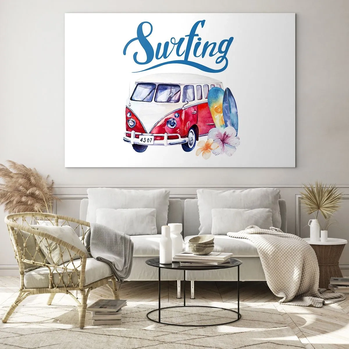 Impression sur verre - Image sur verre - Thème surf avec van et planches - 120x80cm - Concombre - un classique pour un surfeur - Décoration murale moderne pour le salon et la chambre ARTTOR