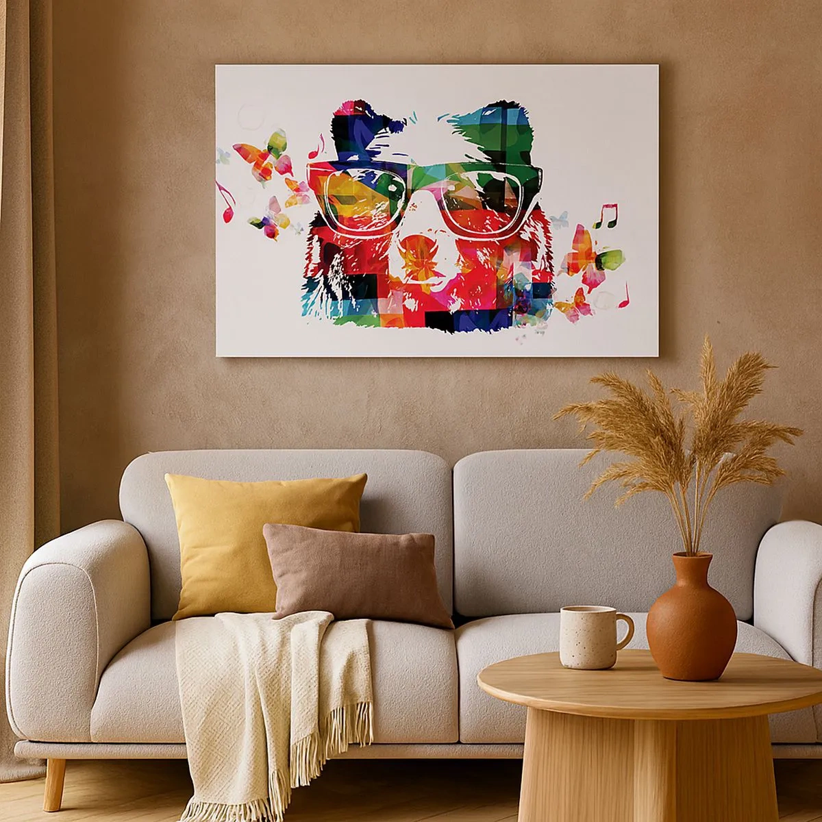 Impression sur toile - Image sur toile - Ours coloré avec des lunettes avec des papillons et des notes de musique - 70x50cm - Ca plait au chien! - Décoration murale moderne pour le salon et la chambre ARTTOR