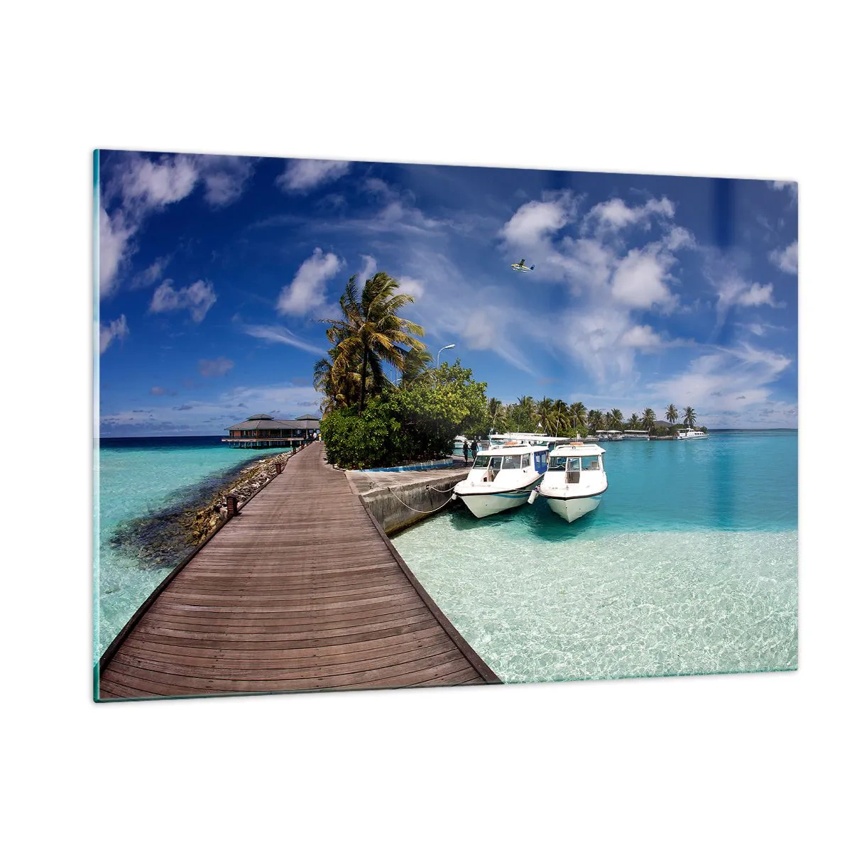 Impression sur verre - Image sur verre - Jetée exotique, bateaux et eau turquoise - 120x80cm - Et cependant, le paradis existe bien - Décoration murale moderne pour le salon et la chambre ARTTOR