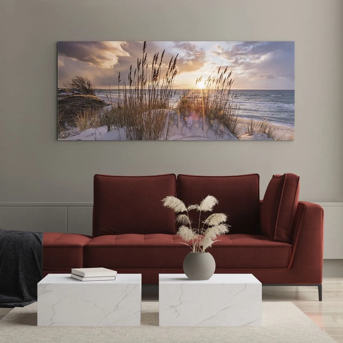 Impression sur verre - Image sur verre - Dunes avec des herbes sur fond de soleil couchant - 120x50cm - Salutations du soleil et du vent - Décoration murale moderne pour le salon et la chambre ARTTOR