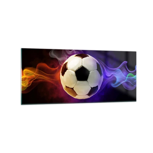 Impression sur verre - Image sur verre - Un ballon de football entouré d'effets de fumée colorés sur un fond sombre. - 120x50cm - Le pouvoir magique du jeu - Décoration murale moderne pour le salon et la chambre ARTTOR