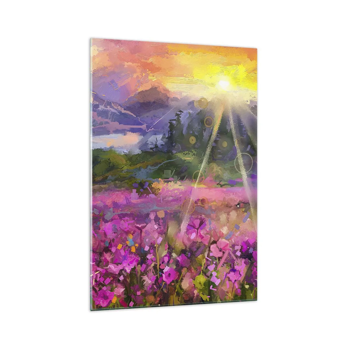 Impression sur verre - Image sur verre - Une prairie pittoresque sous les rayons du soleil couchant - 70x100cm - Dans la vallée à l'abri du soleil - Décoration murale moderne pour le salon et la chambre ARTTOR