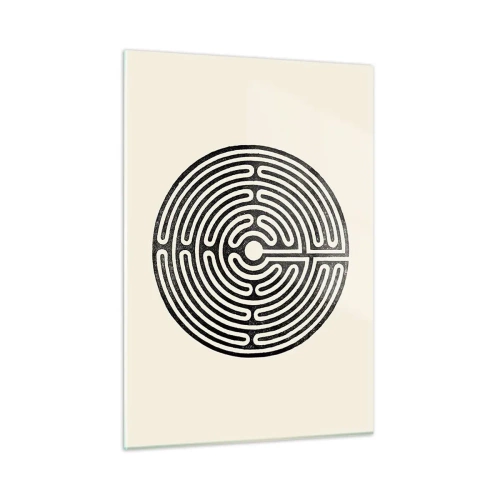 Impression sur verre - Image sur verre - Un labyrinthe noir et blanc de forme circulaire sur fond clair. - 50x70cm - Ordre mystérieux - Décoration murale moderne pour le salon et la chambre ARTTOR