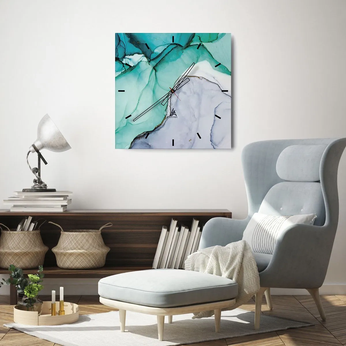 Horloge murale - Pendule murale - Motif abstrait dans les tons turquoise et blanc - 30x30cm - Étude de turquoise - Décoration murale moderne pour le salon et la chambre ARTTOR