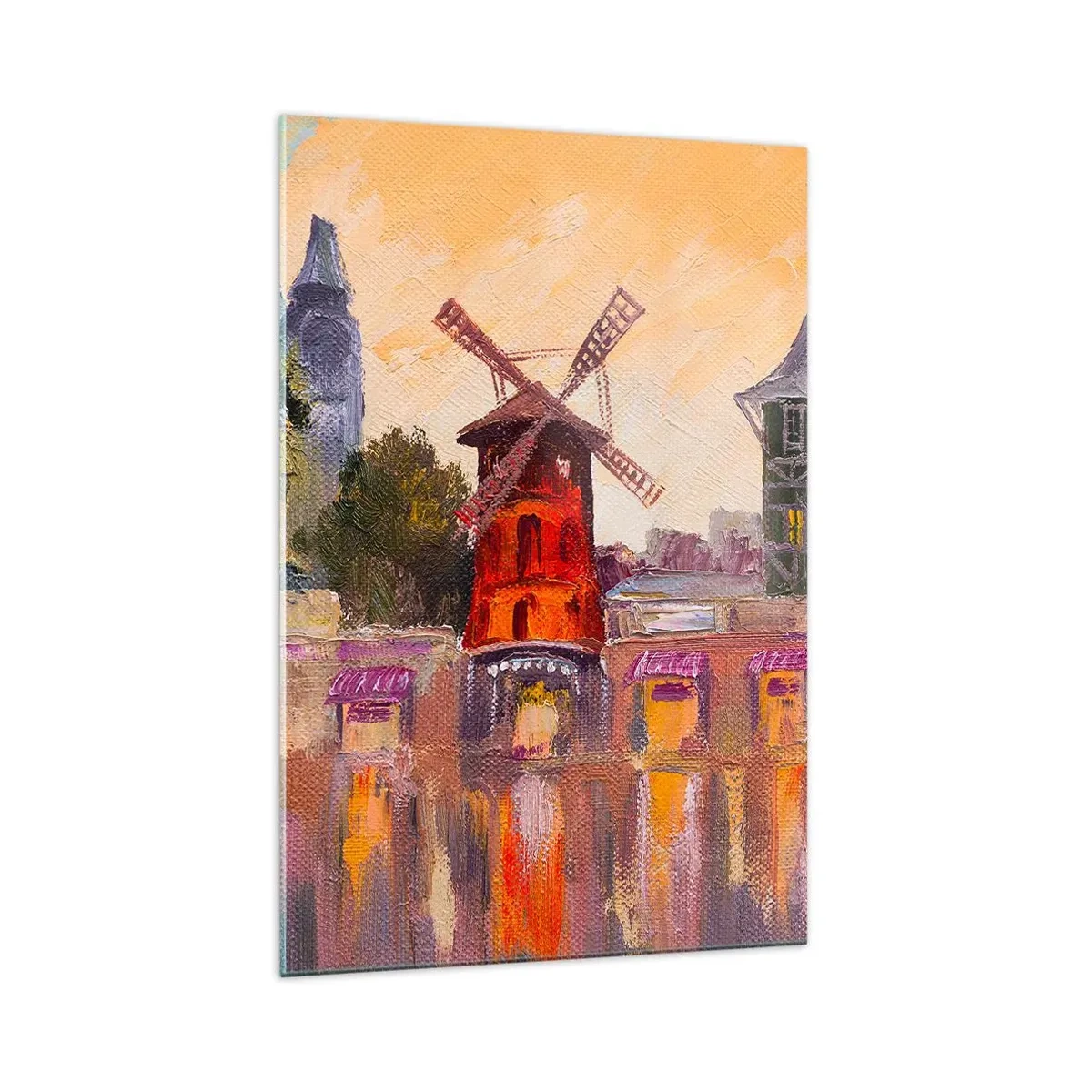 Impression sur verre - Image sur verre - Le moulin à vent rouge du Moulin Rouge entouré par le paysage urbain - 70x100cm - Icones parisiennes – le Moulin rouge - Décoration murale moderne pour le salon et la chambre ARTTOR