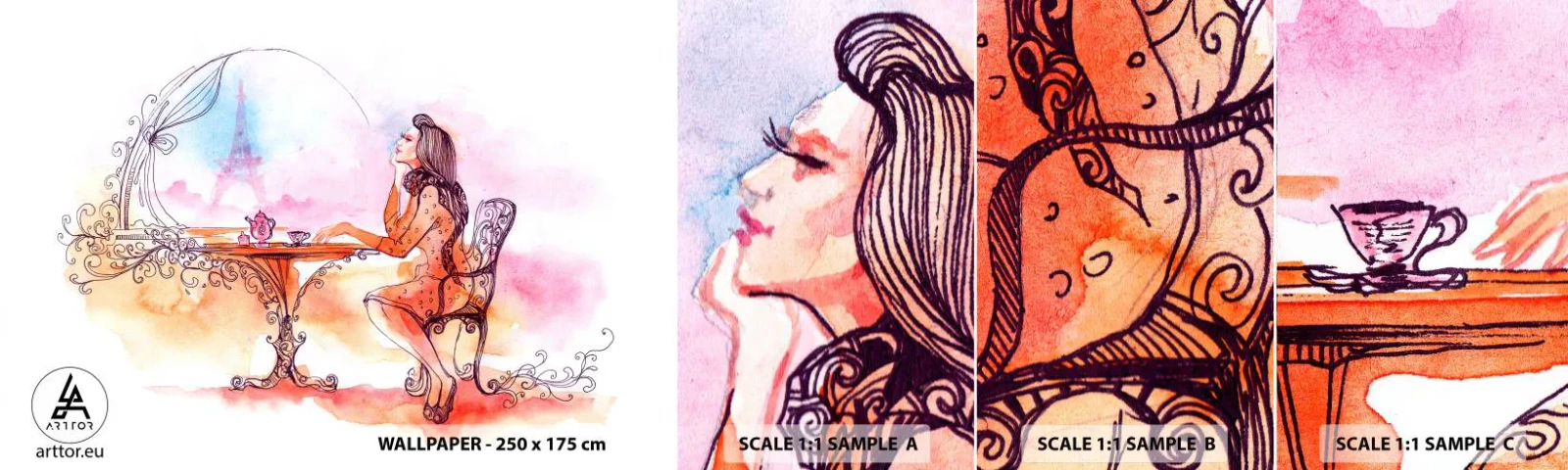 Échantillon de Papier Peint Autocollant Deluxe Sticker - Le chic parisien - Paris, Femme, tour Eiffel - 100x30 cm