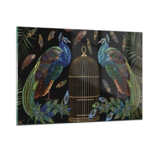 Impression sur verre - Image sur verre - Paons colorés et une cage sur fond noir - 120x80cm - En robes royales - Décoration murale moderne pour le salon et la chambre ARTTOR