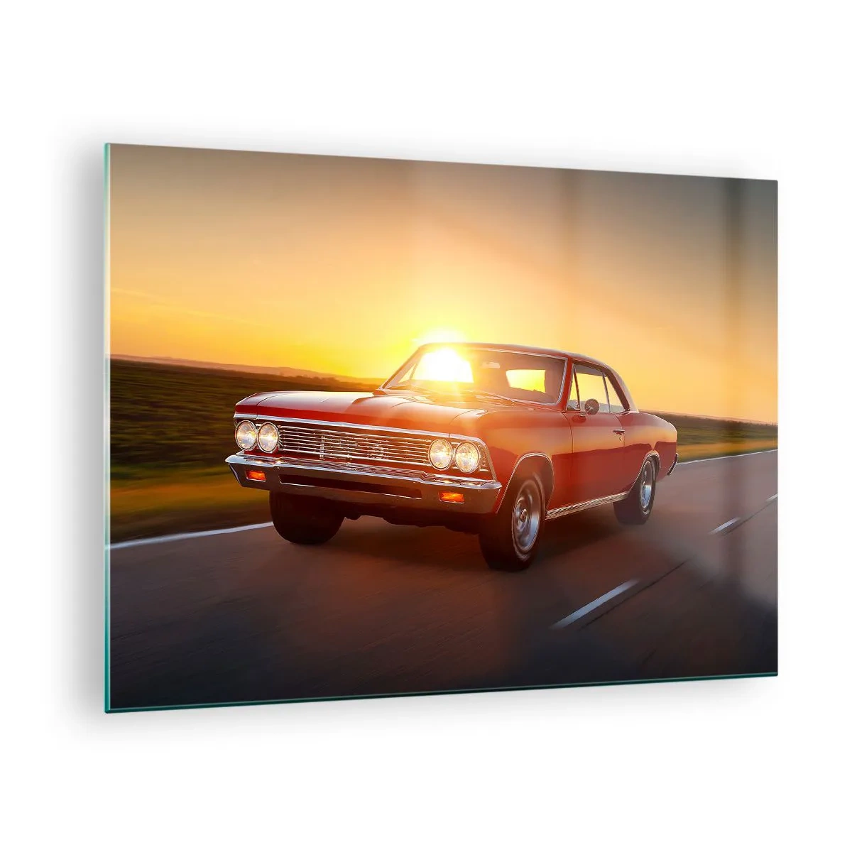 Impression sur verre - Image sur verre - Voiture classique rouge contre le soleil couchant - 70x50cm - Le désir est de couleur rouge - Décoration murale moderne pour le salon et la chambre ARTTOR