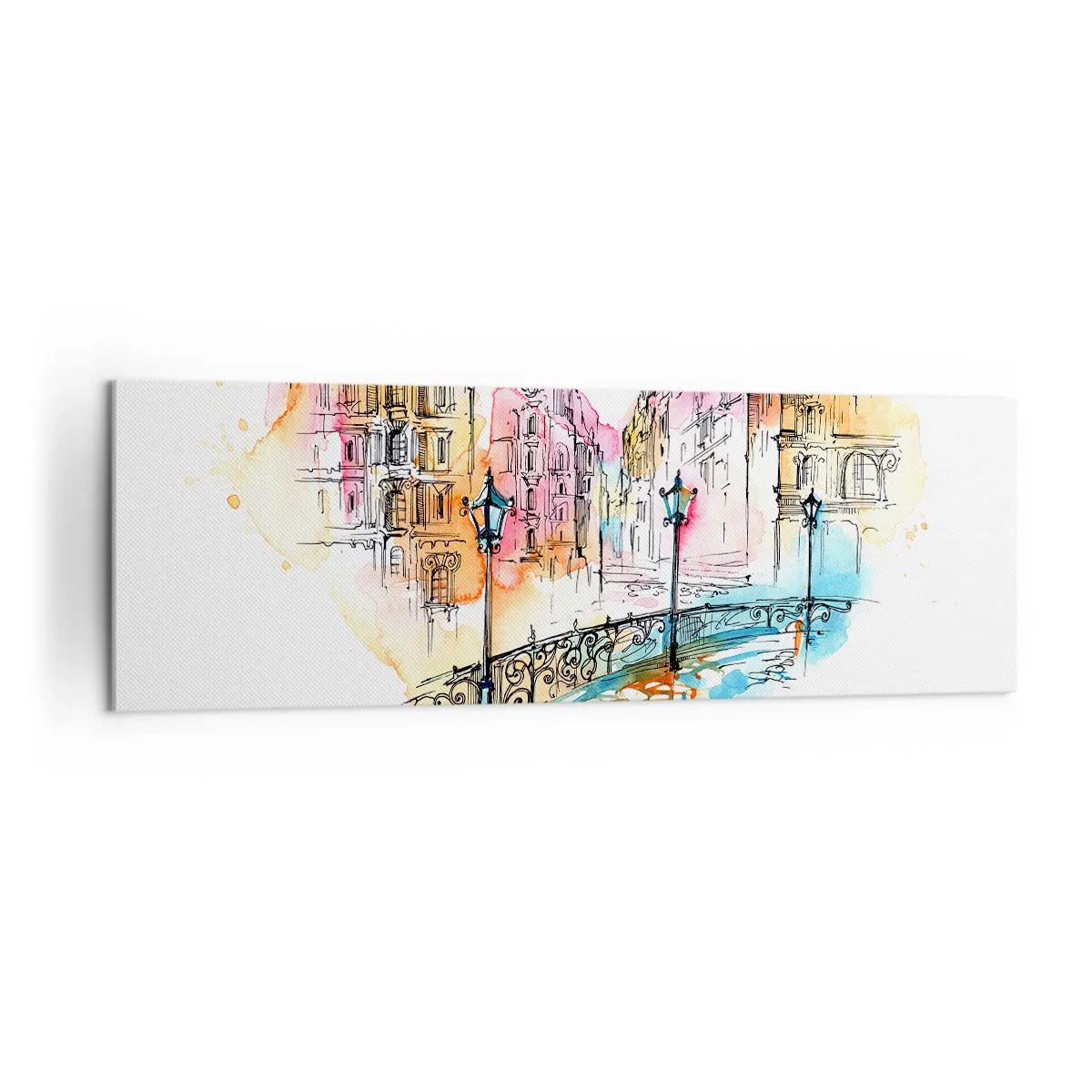 Impression sur toile - Image sur toile - Aquarelle d'un pont et de maisons en forme de cœur - 160x50cm - Le coeur de la ville - Décoration murale moderne pour le salon et la chambre ARTTOR