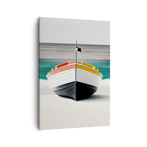 Impression sur toile - Image sur toile - Un bateau sur la plage avec une mer turquoise en arrière-plan - 50x70cm - A sa place - Décoration murale moderne pour le salon et la chambre ARTTOR