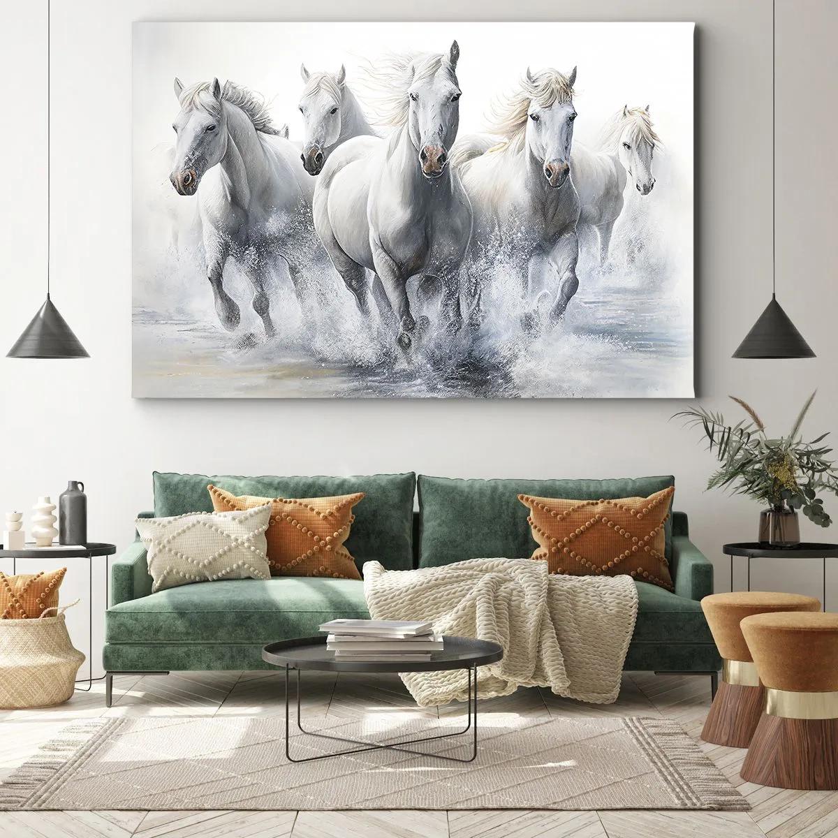 Impression sur toile - Image sur toile - Des chevaux blancs galopent dans l'eau - 100x70cm - Magie blanche - Décoration murale moderne pour le salon et la chambre ARTTOR