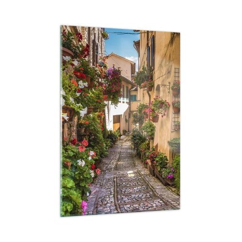 Impression sur verre - Image sur verre - Une charmante ruelle italienne avec des fleurs en pot et une rue pavée - 50x70cm - Ruelle italienne - Décoration murale moderne pour le salon et la chambre ARTTOR