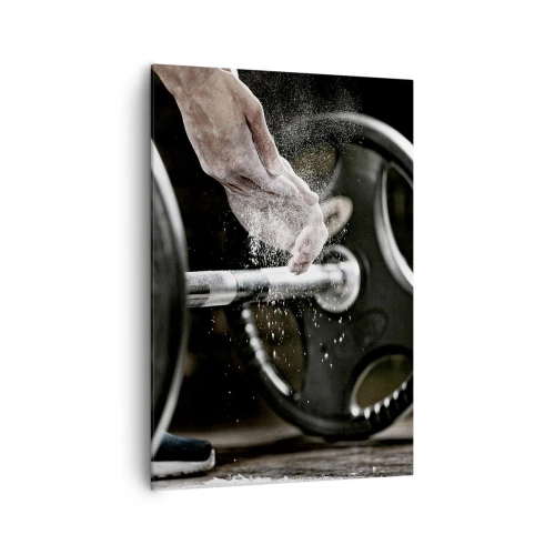 Impression sur toile - Image sur toile - Des haltères et les mains d'un athlète se préparant à l'entraînement - 70x100cm - Défi accepté! - Décoration murale moderne pour le salon et la chambre ARTTOR