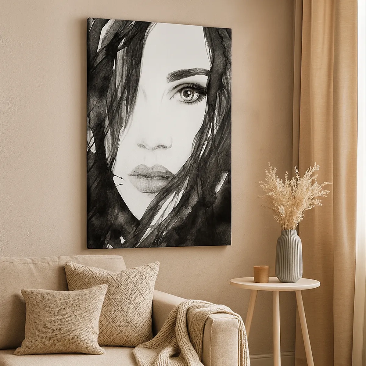Impression sur toile - Image sur toile - Portrait de femme à l'aquarelle noir et blanc - 50x70cm - Portrait d'une dame en noir et blanc - Décoration murale moderne pour le salon et la chambre ARTTOR