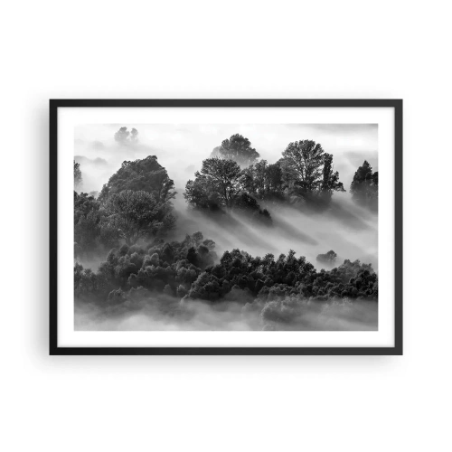 Affiche dans un cadre noir - Poster - Paysage forestier noir et blanc dans le brouillard du matin - 70x50cm - Sortir de son sommeil - Décoration murale moderne pour le salon et la chambre ARTTOR